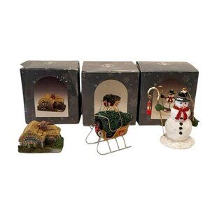 3 Thomas Kinkade Christmas Ornaments Snowman Sleigh w/Tree Cottage w/Boxes